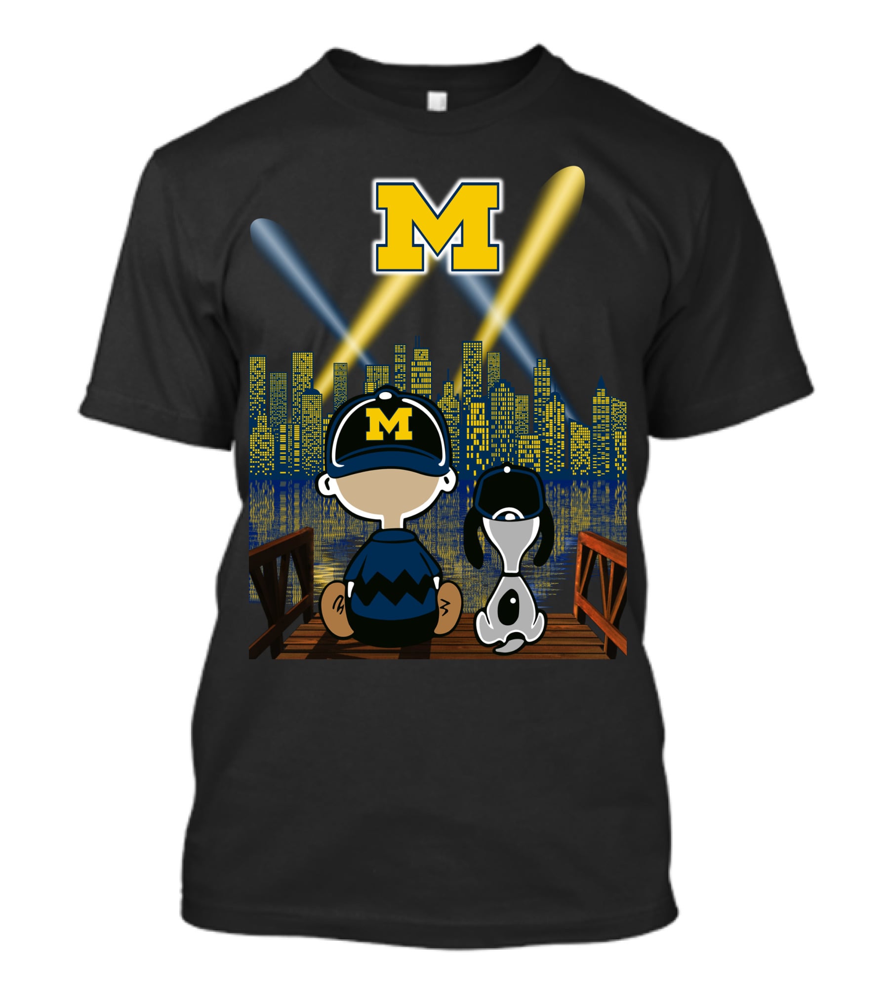 M Michigan Wolverines City By Night Skyline And Characters T-Shirt