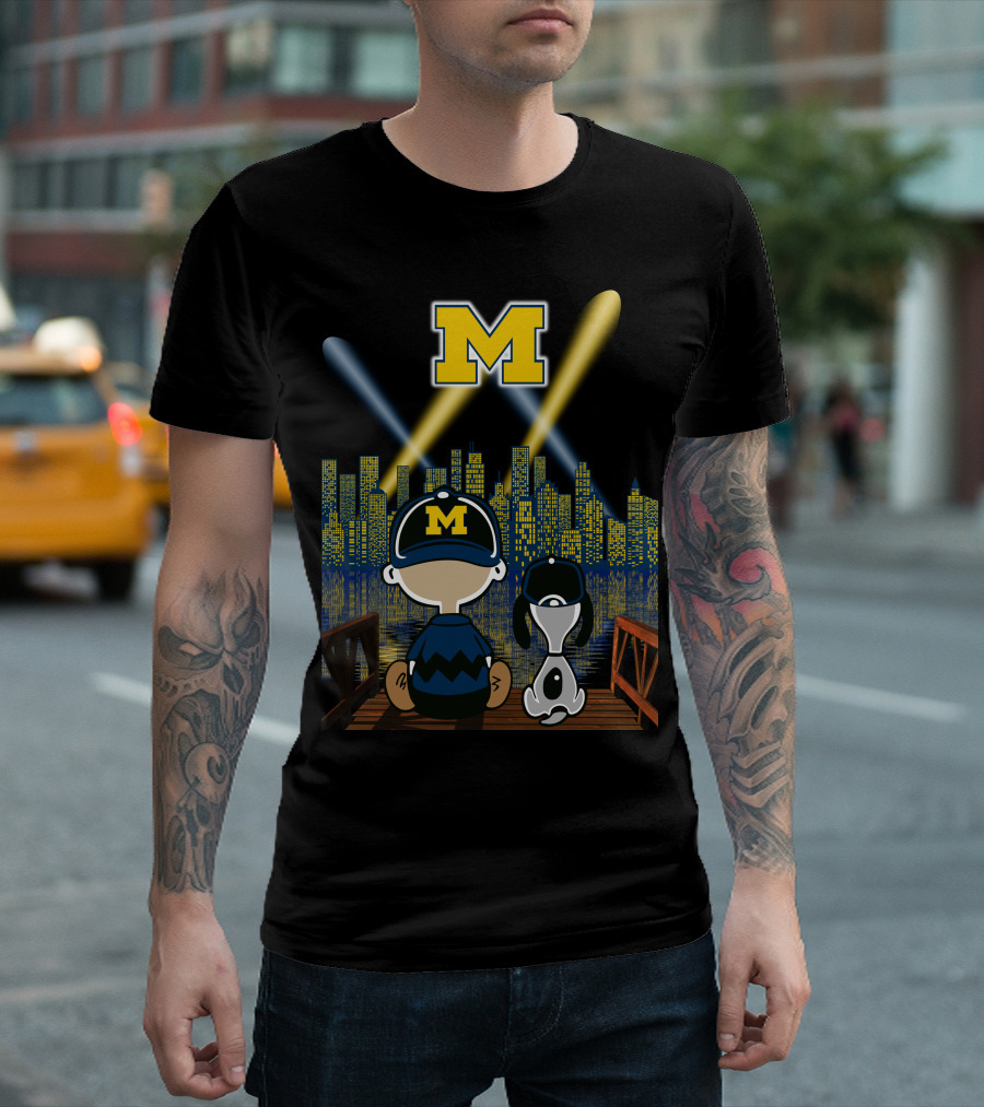 M Michigan Wolverines City By Night Skyline And Characters T-Shirt