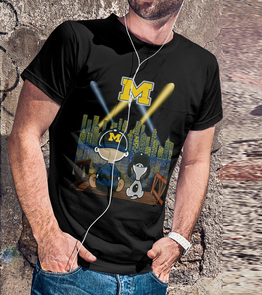 M Michigan Wolverines City By Night Skyline And Characters T-Shirt