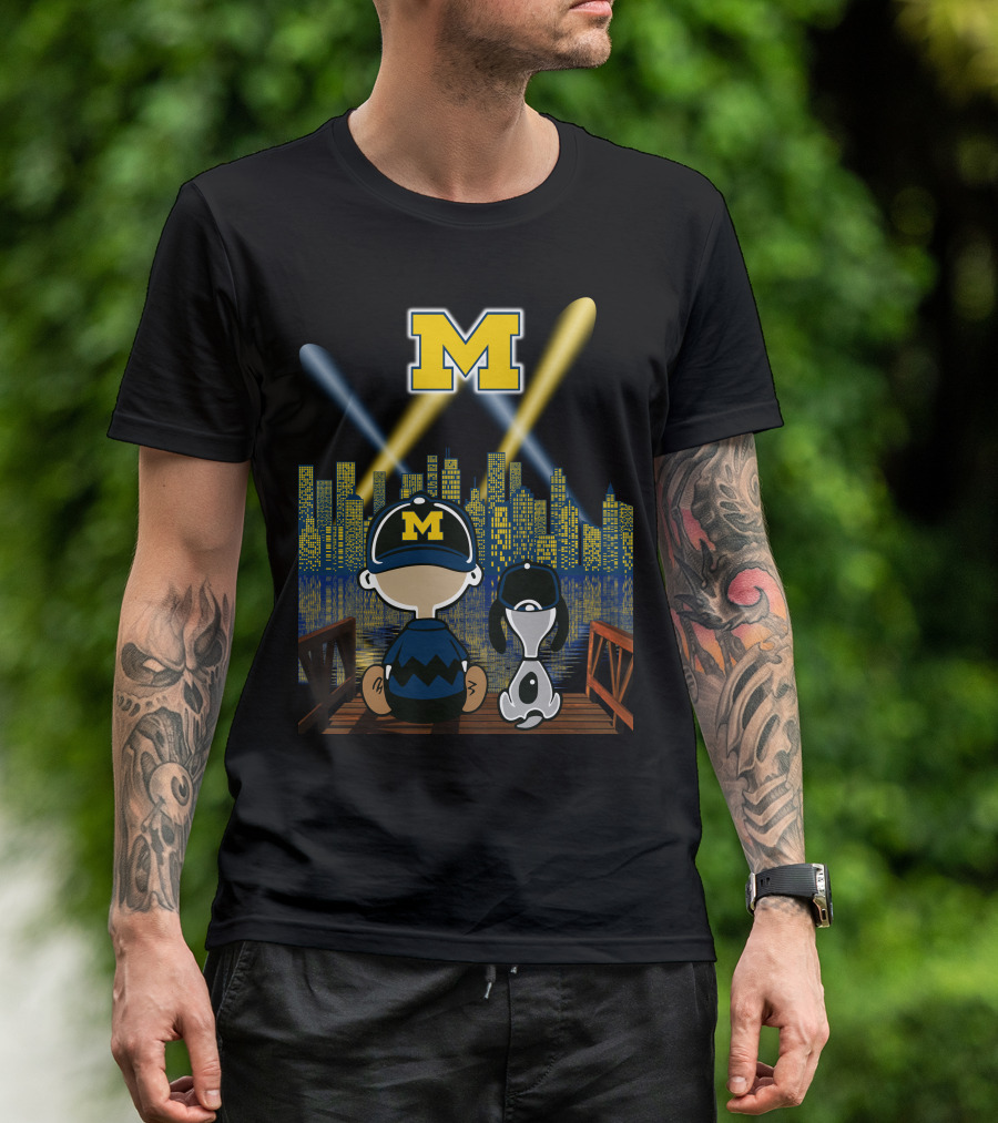 M Michigan Wolverines City By Night Skyline And Characters T-Shirt