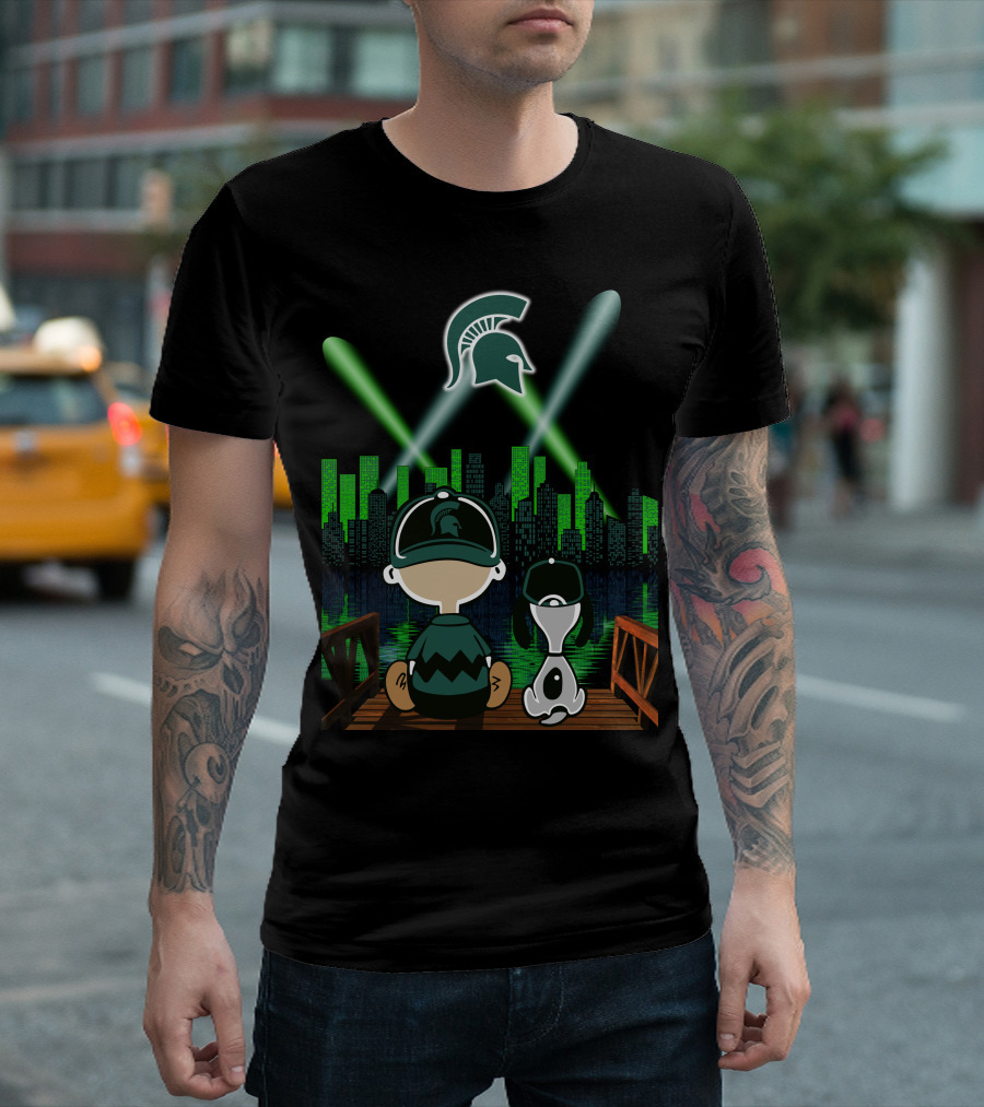 Michigan State Spartans Night City Skyline With Cartoon Characters And Spartan T-Shirt