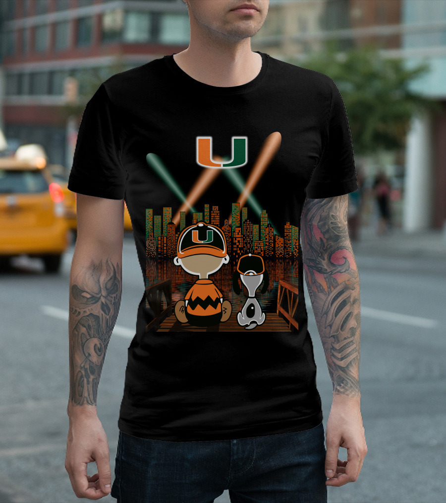 Miami Hurricanes City By Night Skyline Reflections With Characters T-Shirt