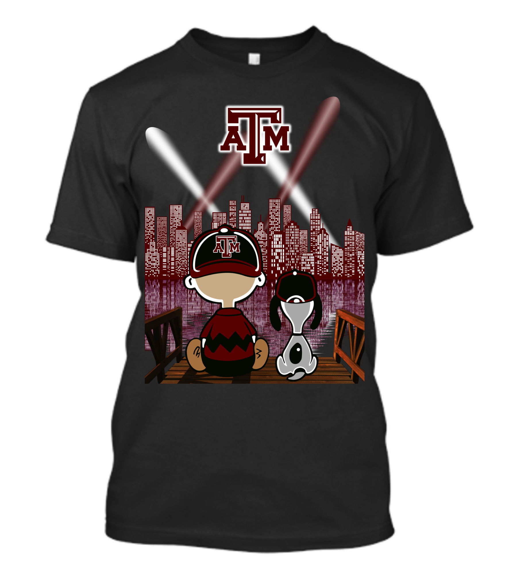 Texas A&M Aggies City Lights At Night With Iconic Characters T-Shirt