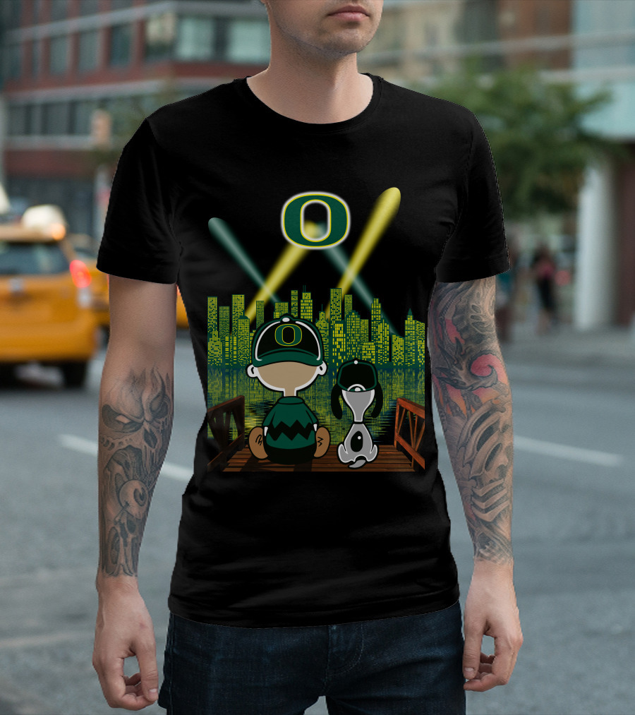 Oregon Ducks Nighttime Cityscape With Cartoon Characters And Stadium Lights T-Shirt