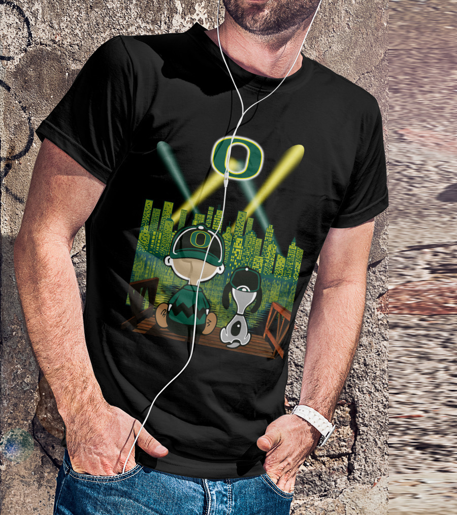 Oregon Ducks Nighttime Cityscape With Cartoon Characters And Stadium Lights T-Shirt