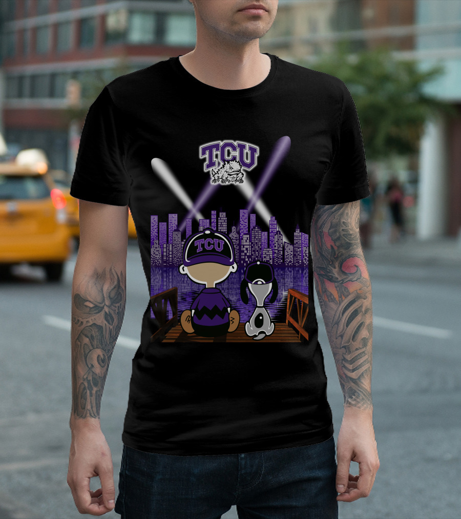 Tcu Horned Frogs City Skyline Night Scene With Mascot And Dog T-Shirt