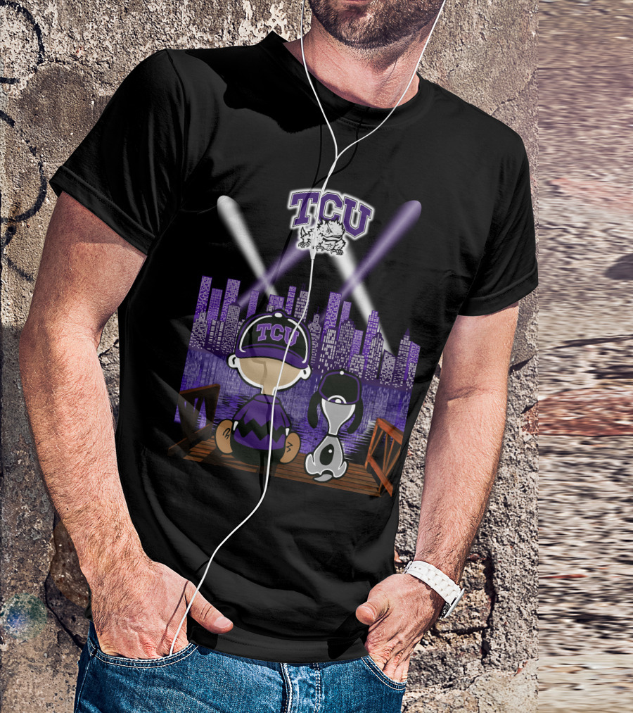 Tcu Horned Frogs City Skyline Night Scene With Mascot And Dog T-Shirt