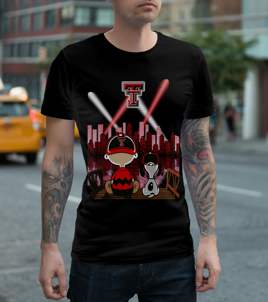 Texas Tech Red Raiders T Logo At Night With Character And Dog By City Skyline T-Shirt