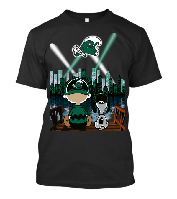 Tulane Green Wave City Skyline Featuring Iconic Characters And Baseball Cap Logo By Night T-Shirt