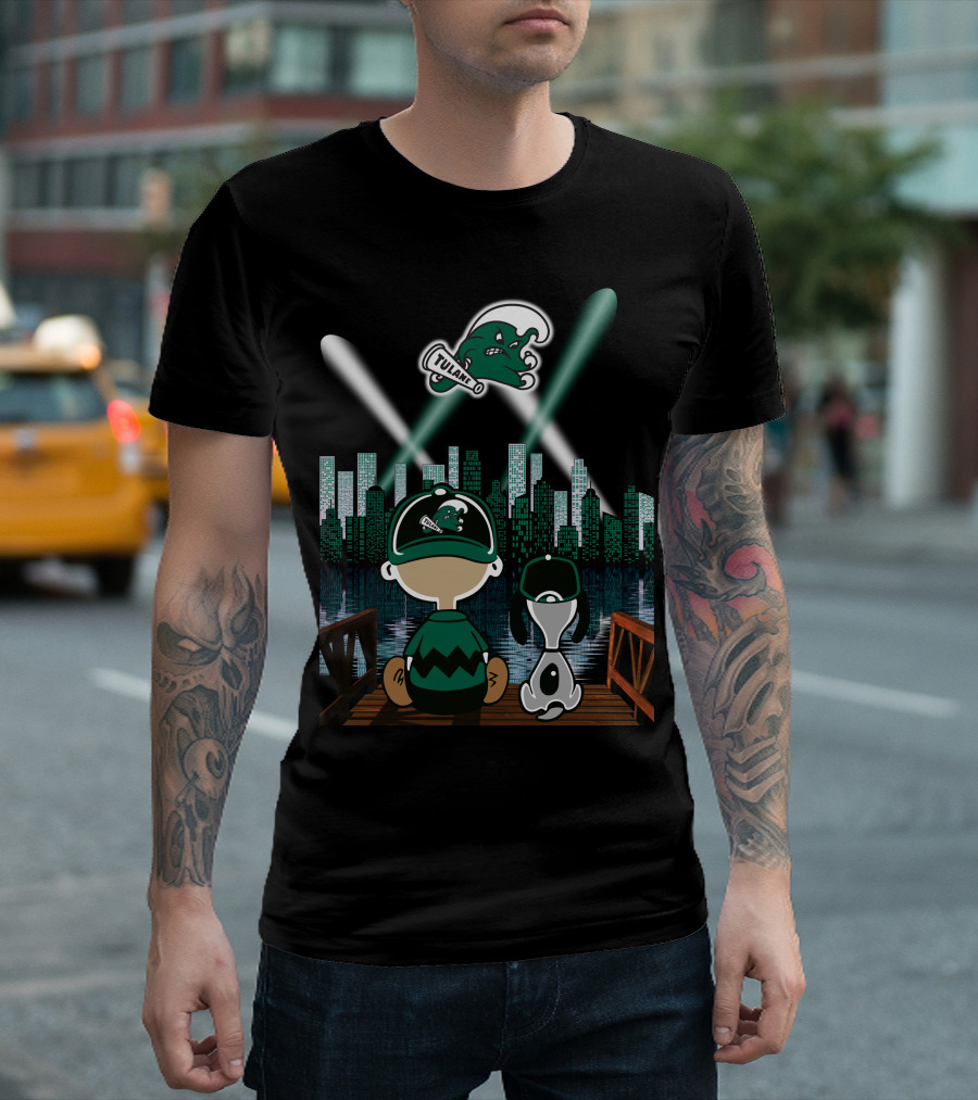 Tulane Green Wave City Skyline Featuring Iconic Characters And Baseball Cap Logo By Night T-Shirt