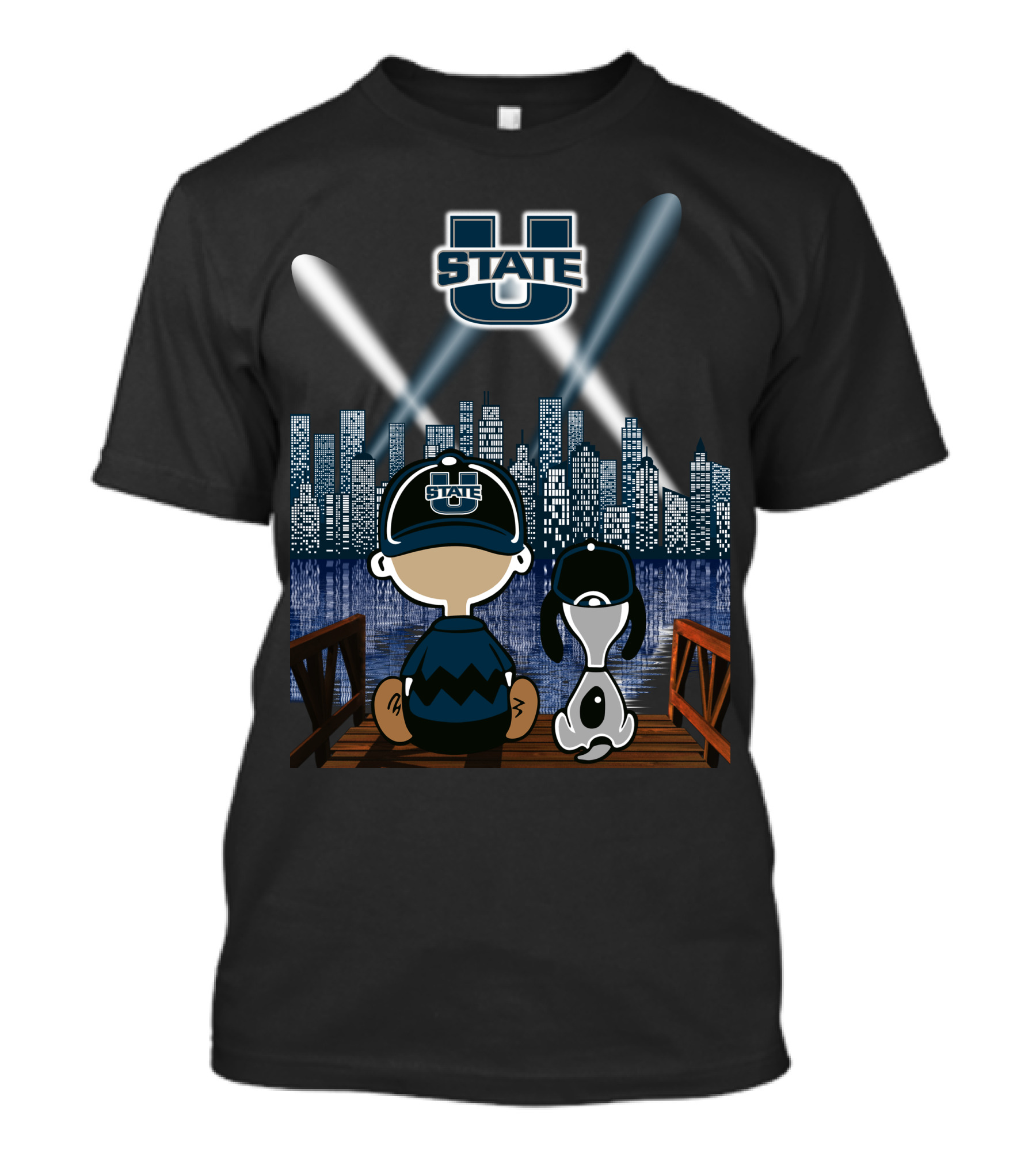 Utah State Aggies City Skyline At Night With Dog And Character T-Shirt