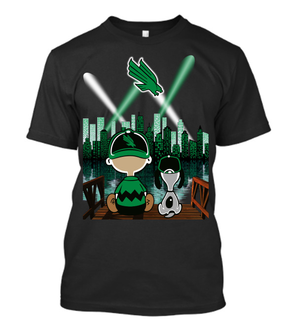 North Texas Mean Green City By Night Skyline With Cartoon Characters And Flying Bird T-Shirt