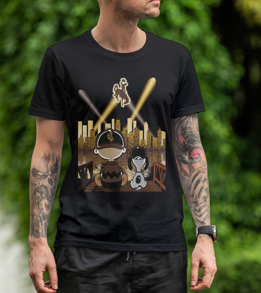 Wyoming Cowboys Skyline Spotlight Views With Cartoon Characters T-Shirt