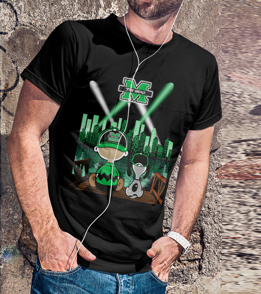 Marshall Thundering Herd Night Cityscape With Mascot And Dog On Bridge T-Shirt