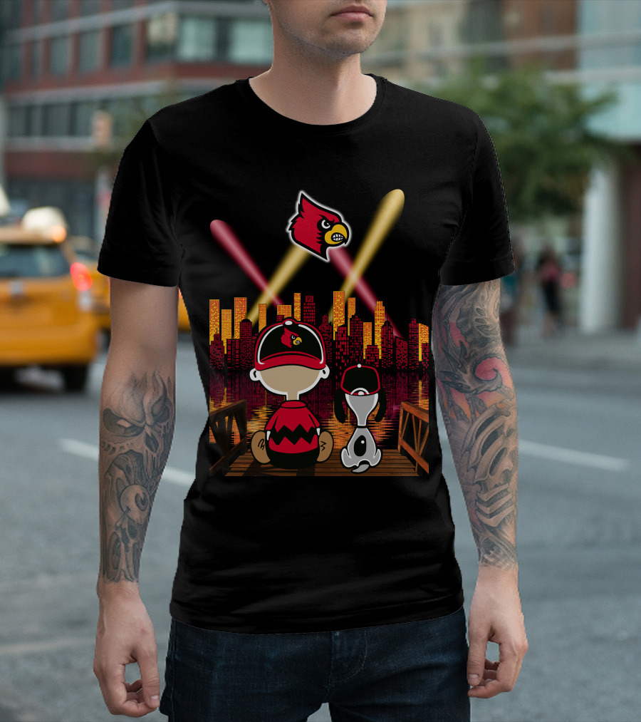 Louisville Cardinals City Lights With Characters Looking At Skyline T-Shirt