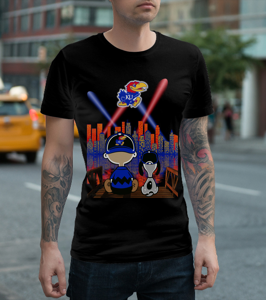 Kansas Jayhawks City Skyline Night Reflections With Mascot And Dog T-Shirt