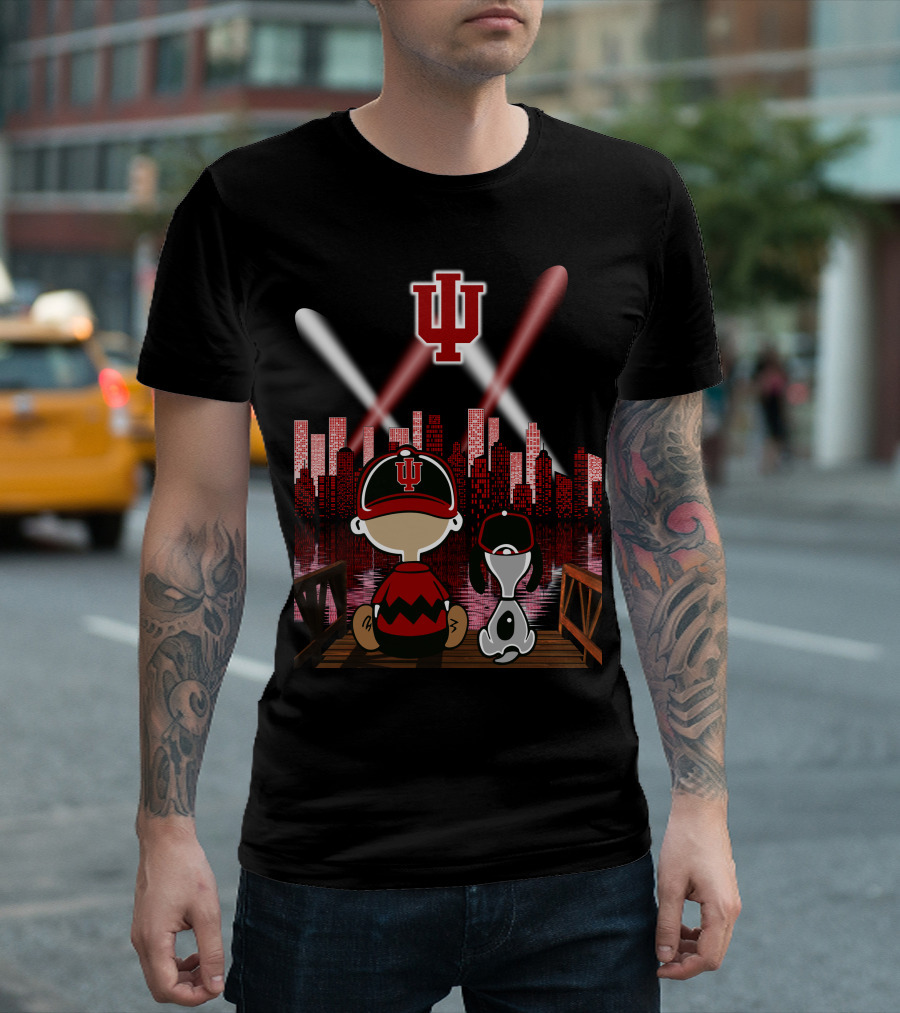 Indiana Hoosiers Nighttime City Skyline With Iconic Characters T-Shirt