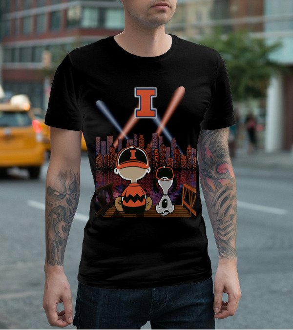 Illinois Fighting Illini Cityscape Nighttime Scene With Iconic Characters And Letter I T-Shirt