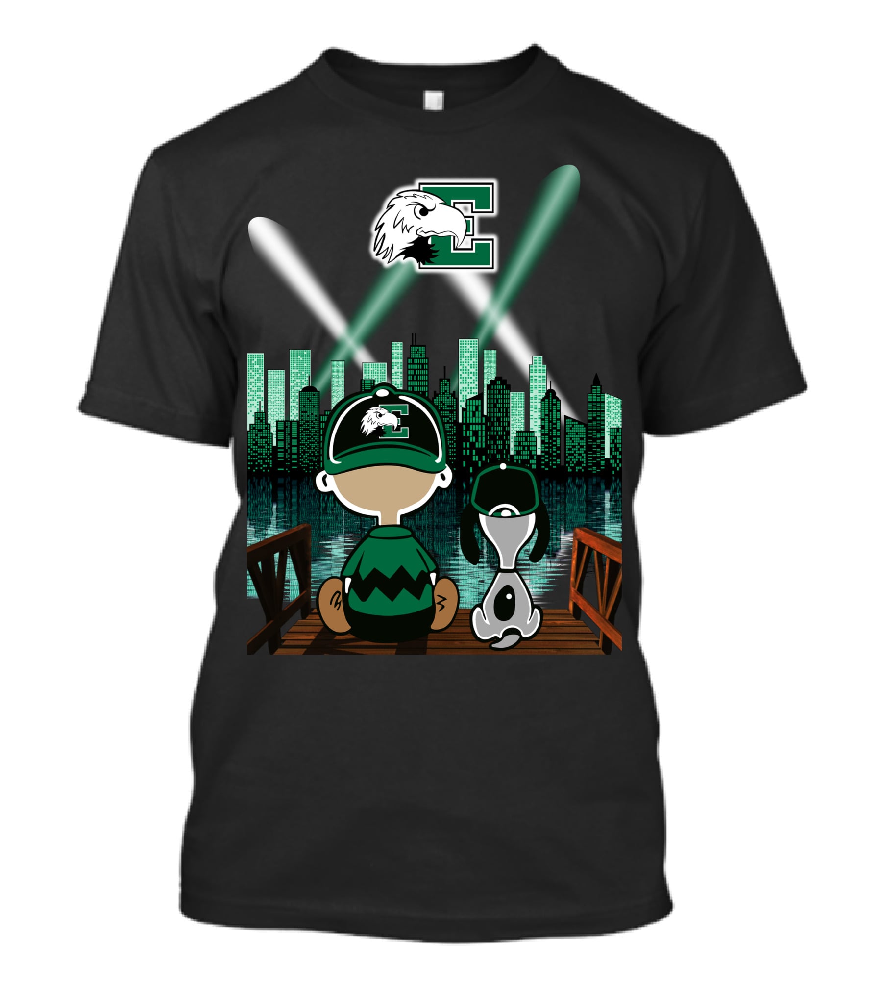 Eastern Michigan Eagles '77 City Skyline At Night With Mascot And Dog T-Shirt