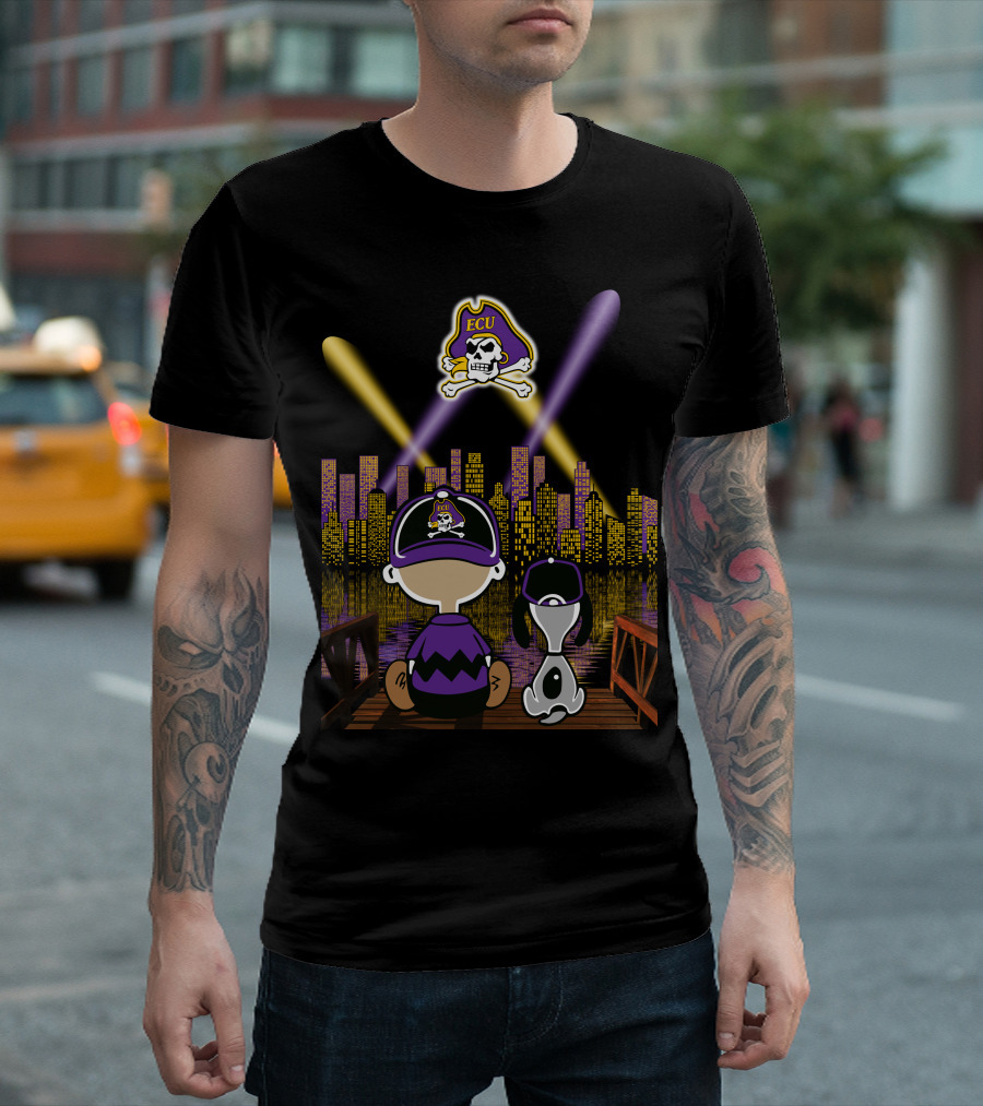 East Carolina Pirates Night Cityscape With Ecu Skull Logo And Characters T-Shirt