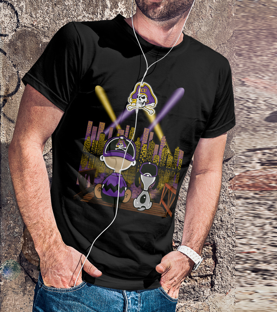 East Carolina Pirates Night Cityscape With Ecu Skull Logo And Characters T-Shirt