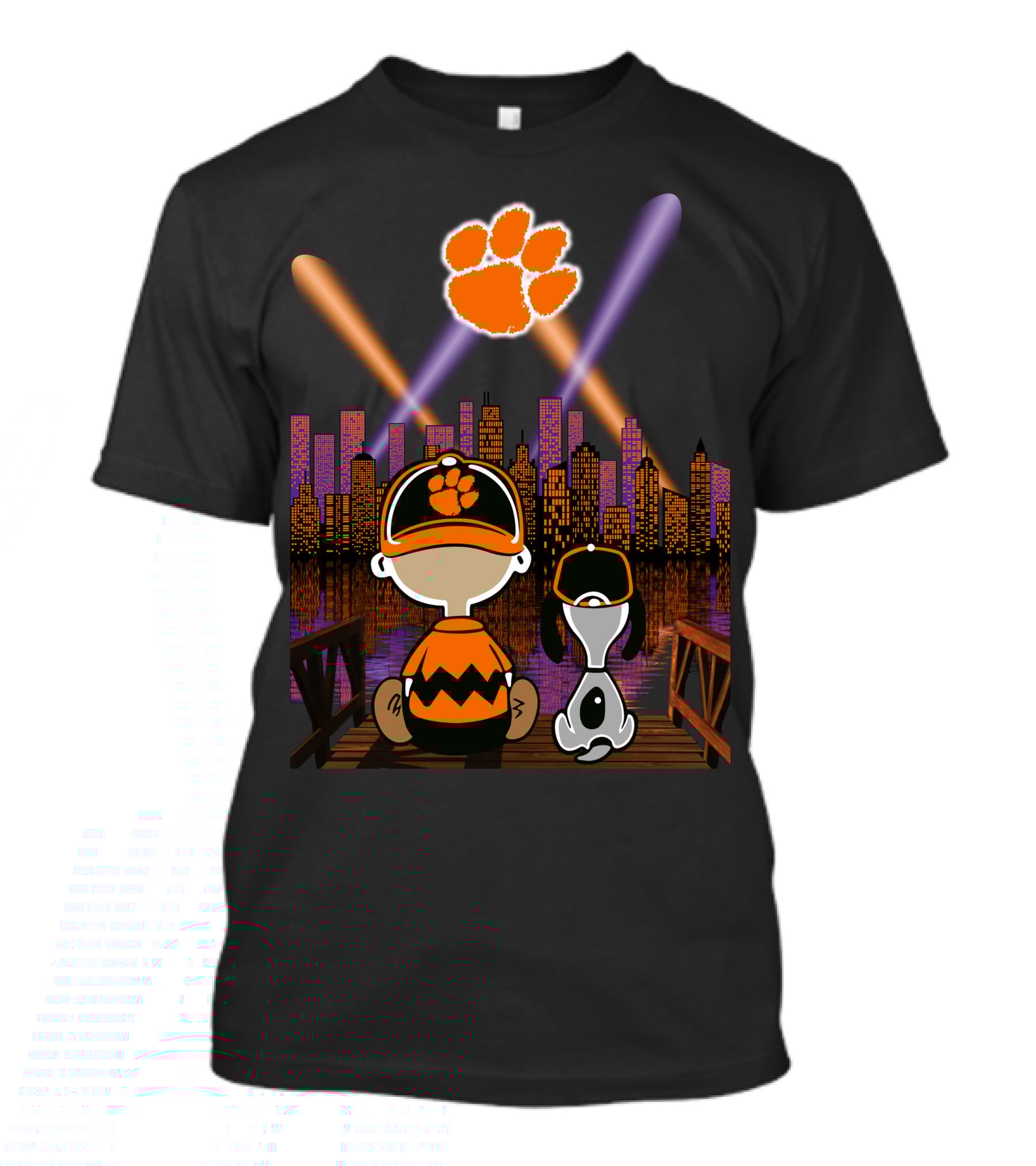 Clemson Tigers '83 Paw In Night City Skyline With Characters On Dock T-Shirt