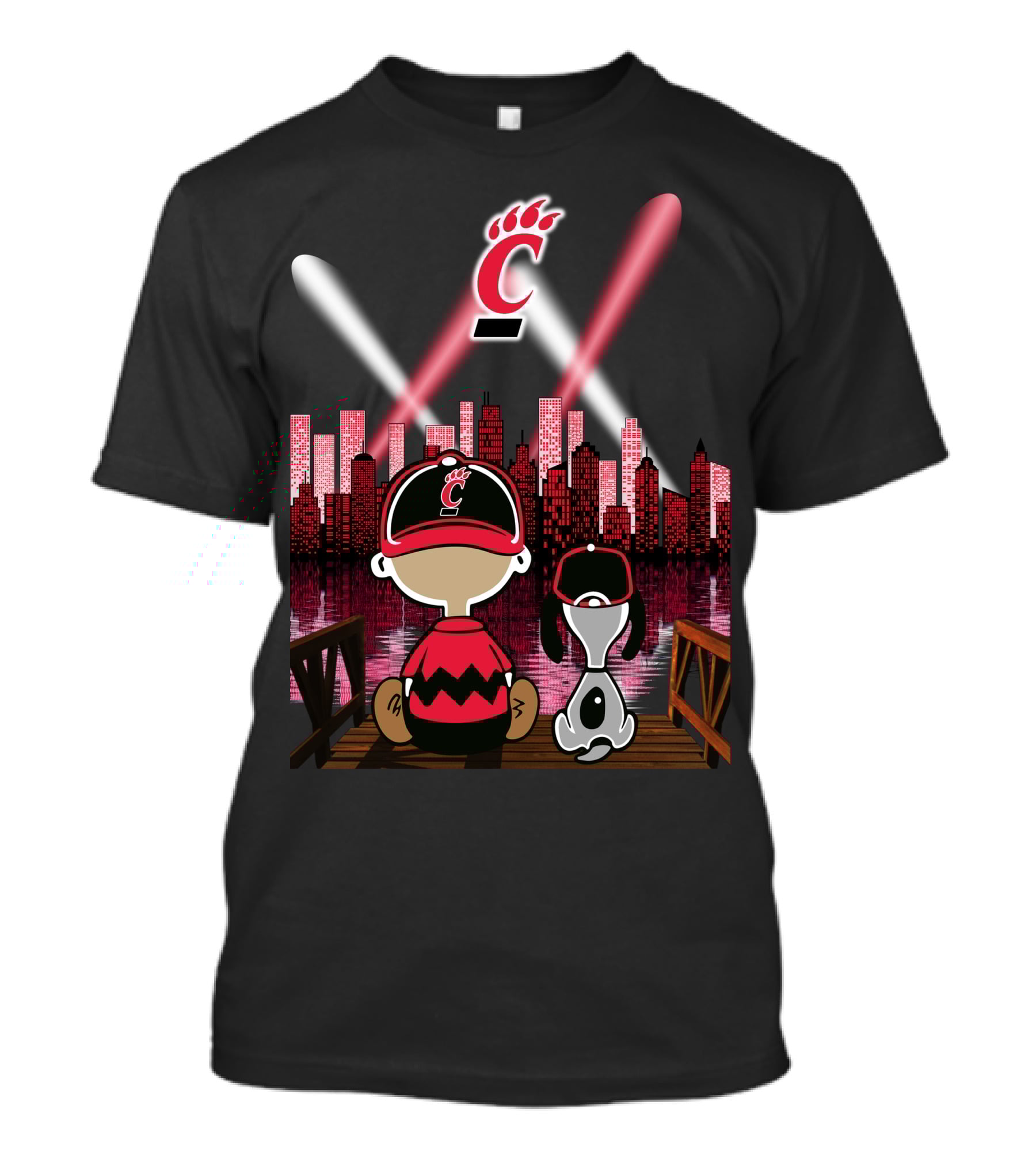 Cincinnati Bearcats City By Night Skyline With Iconic Cartoon Characters And Red Paw T-Shirt