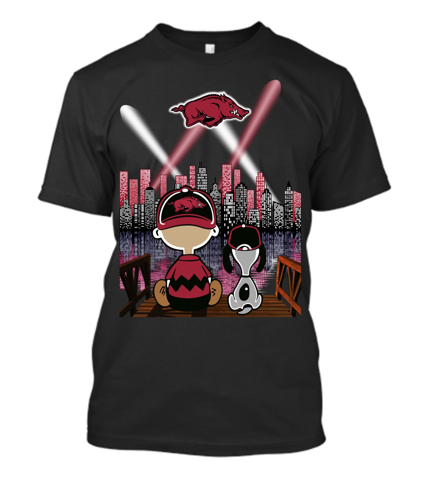 Arkansas Razorbacks '94 Skyline Night Scene With Cartoon Characters And Spotlights T-Shirt