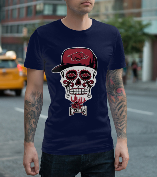 Arkansas Razorbacks Skull With Hat And Team T-Shirt