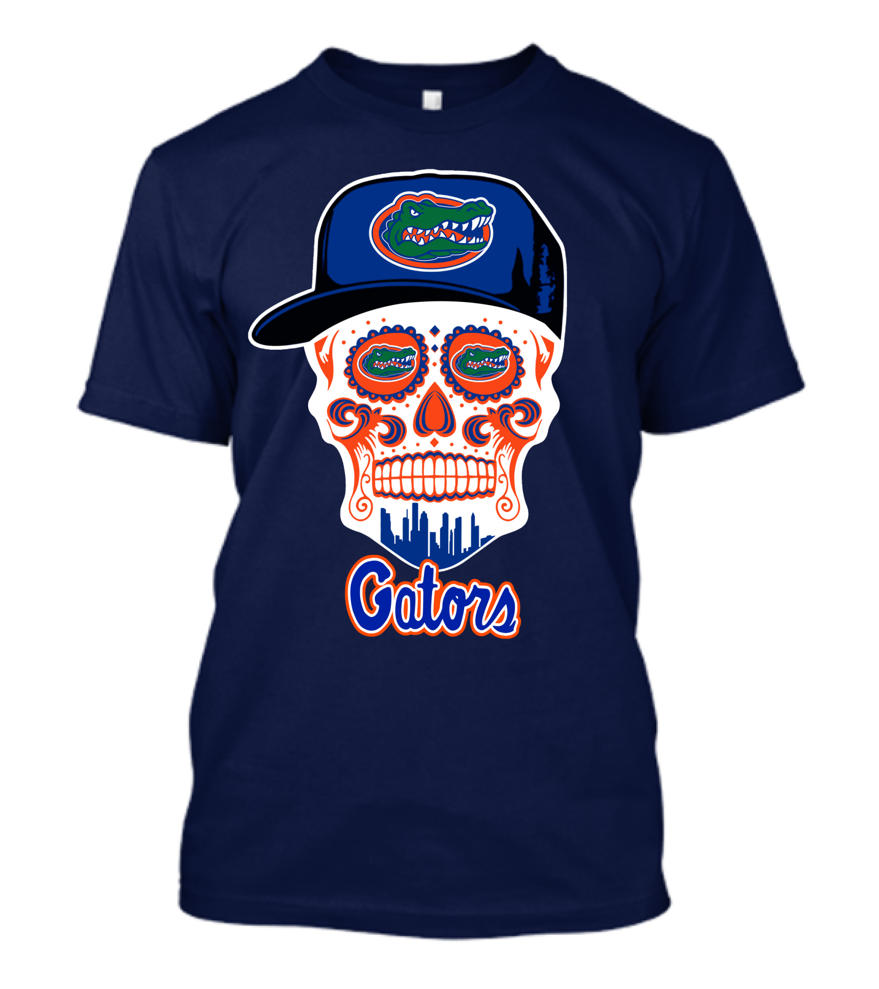 Florida Gators Skull With Alligator Logo And Hat Blue Orange T-Shirt
