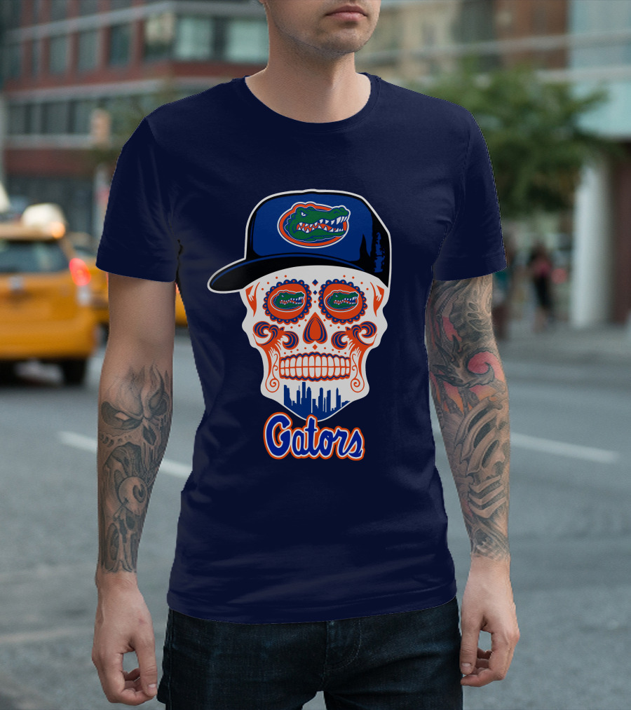 Florida Gators Skull With Alligator Logo And Hat Blue Orange T-Shirt