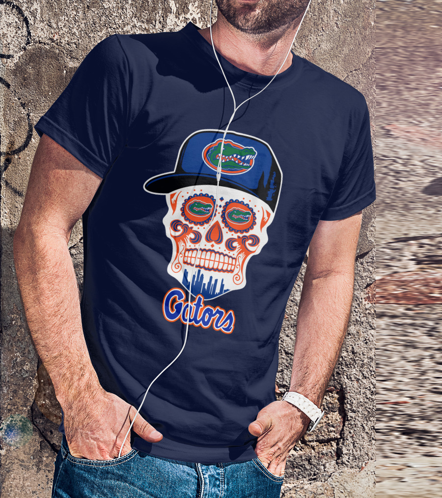 Florida Gators Skull With Alligator Logo And Hat Blue Orange T-Shirt