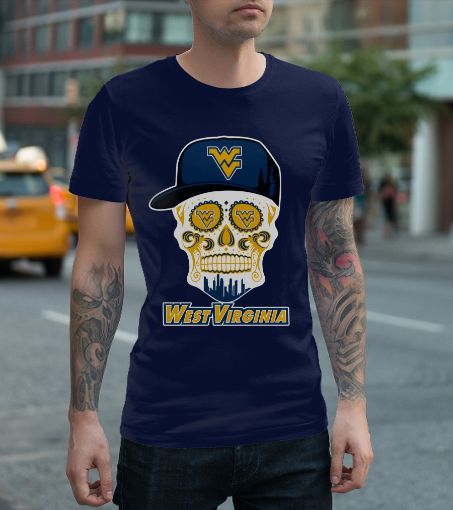 West Virginia Mountaineers Skull Design With Wv Cap And Skyline T-Shirt