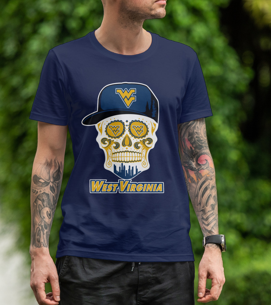 West Virginia Mountaineers Skull Design With Wv Cap And Skyline T-Shirt