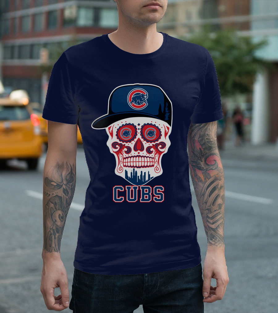 Chicago Cubs Skull With Cap Cityscape Fun T-Shirt