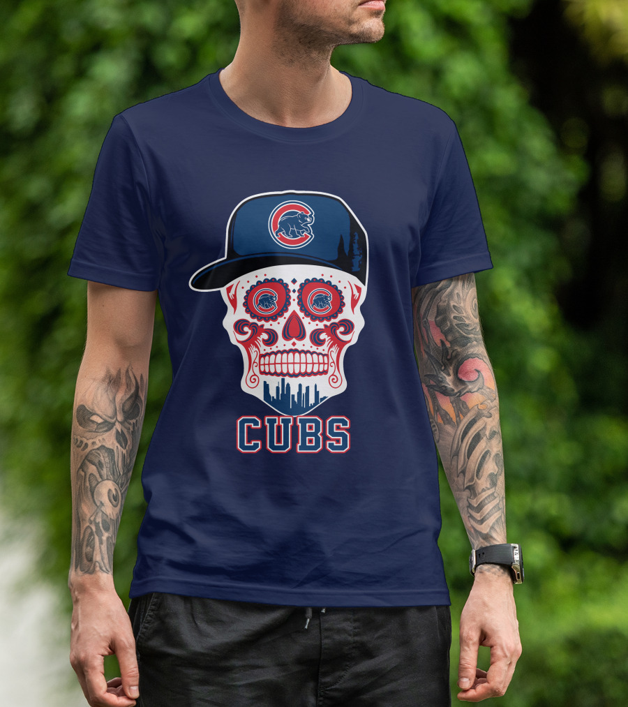 Chicago Cubs Skull With Cap Cityscape Fun T-Shirt