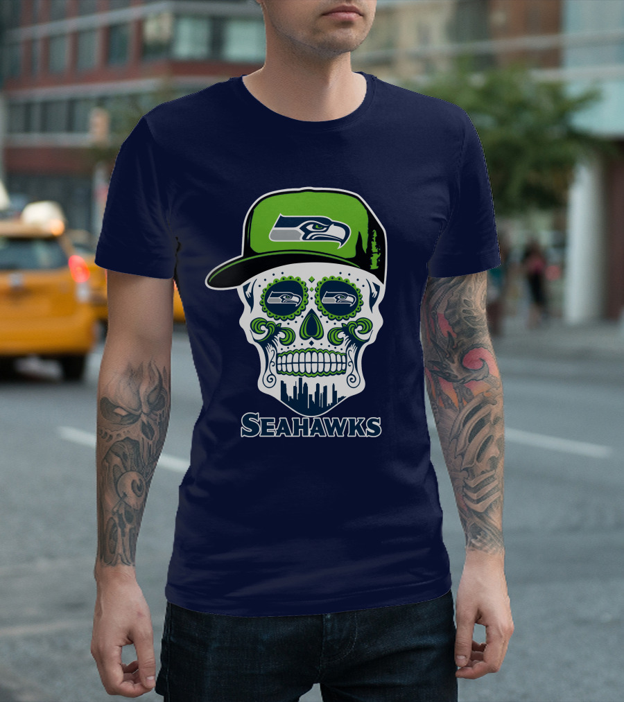 Seattle Seahawks Skull Art With Team Logo And Skyline T-Shirt