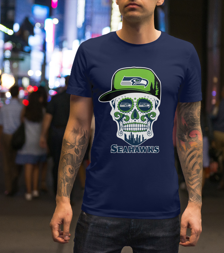 Seattle Seahawks Skull Art With Team Logo And Skyline T-Shirt