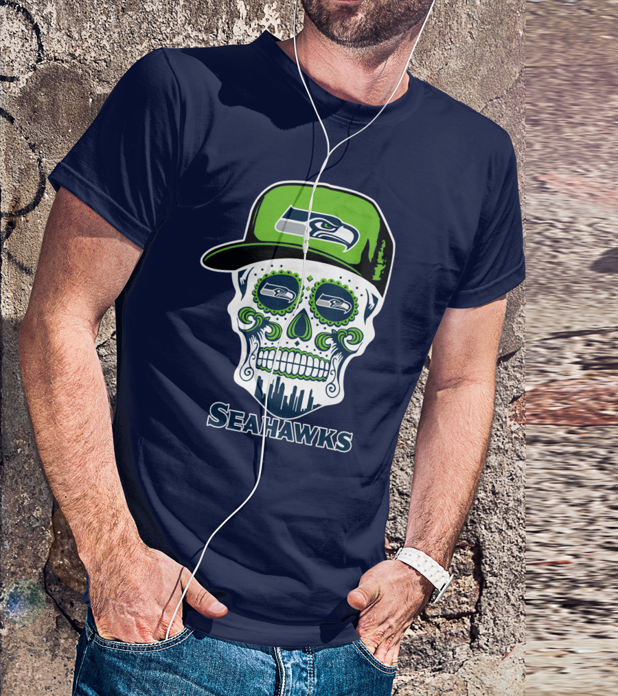 Seattle Seahawks Skull Art With Team Logo And Skyline T-Shirt