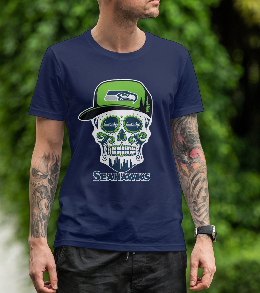 Seattle Seahawks Skull Art With Team Logo And Skyline T-Shirt
