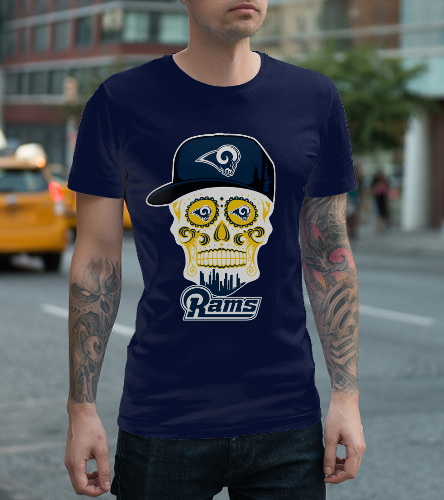 Los Angeles Rams Skull Iconic Rams Logo In Cap Funny T-Shirt
