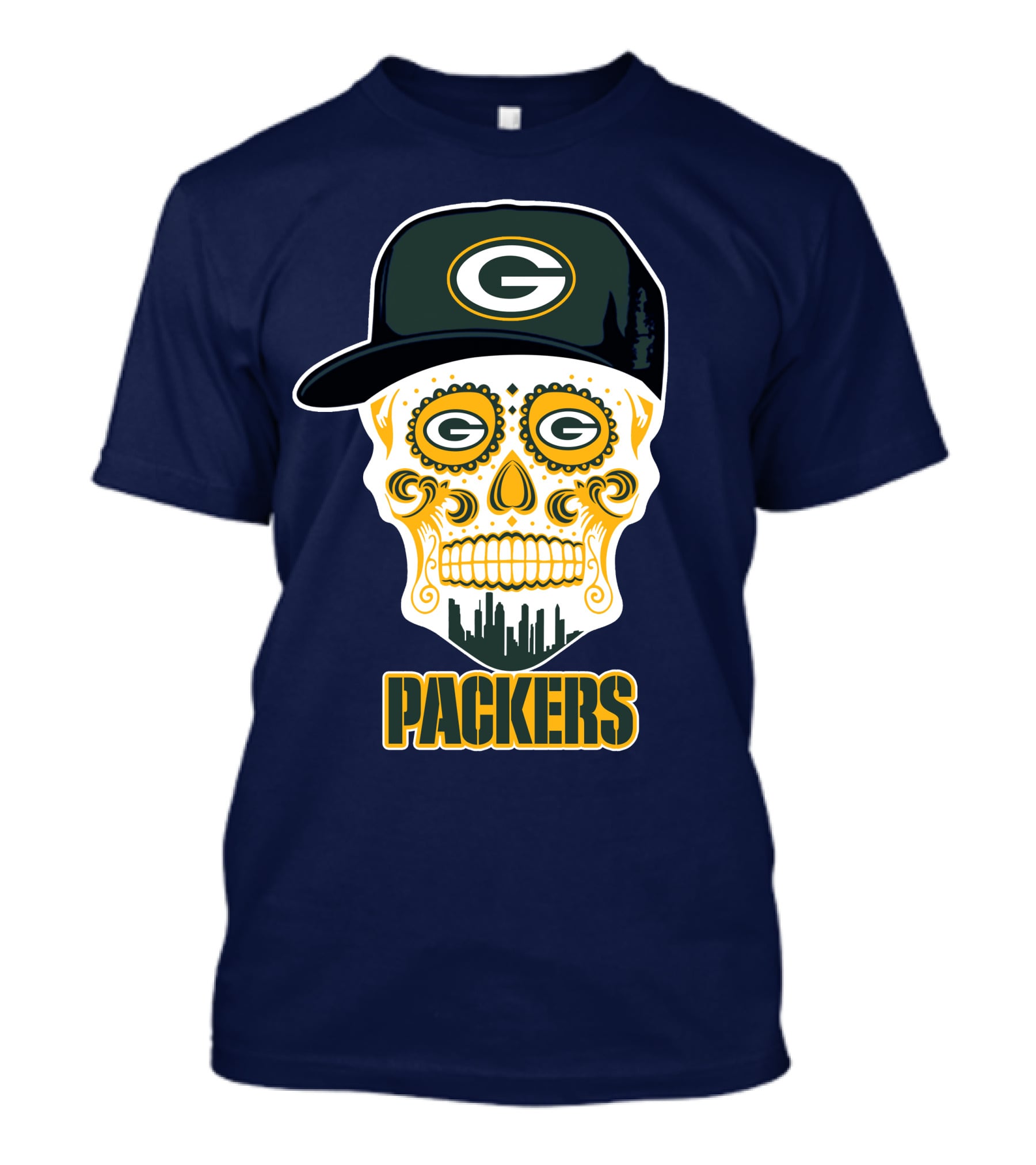Green Bay Packers Skull Cityscape Hat T-Shirt