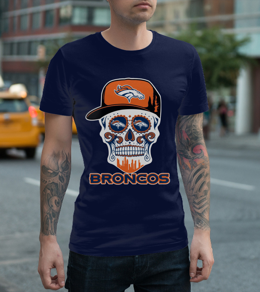 Denver Broncos Skull Funny Sugar Skull Face Cap T-Shirt