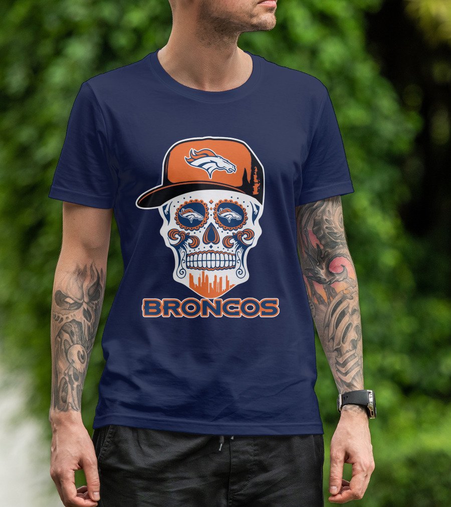Denver Broncos Skull Funny Sugar Skull Face Cap T-Shirt
