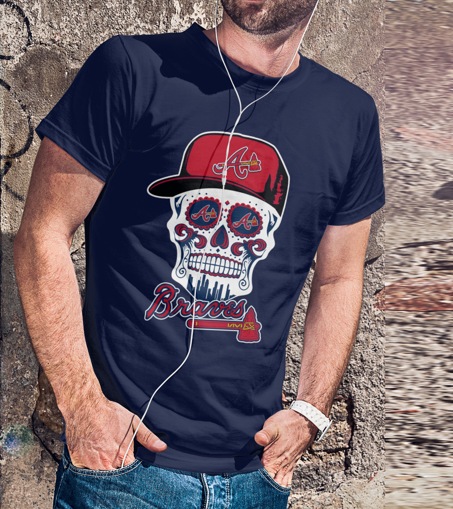 Atlanta Braves Skull With Baseball Cap And Tomahawk T-Shirt