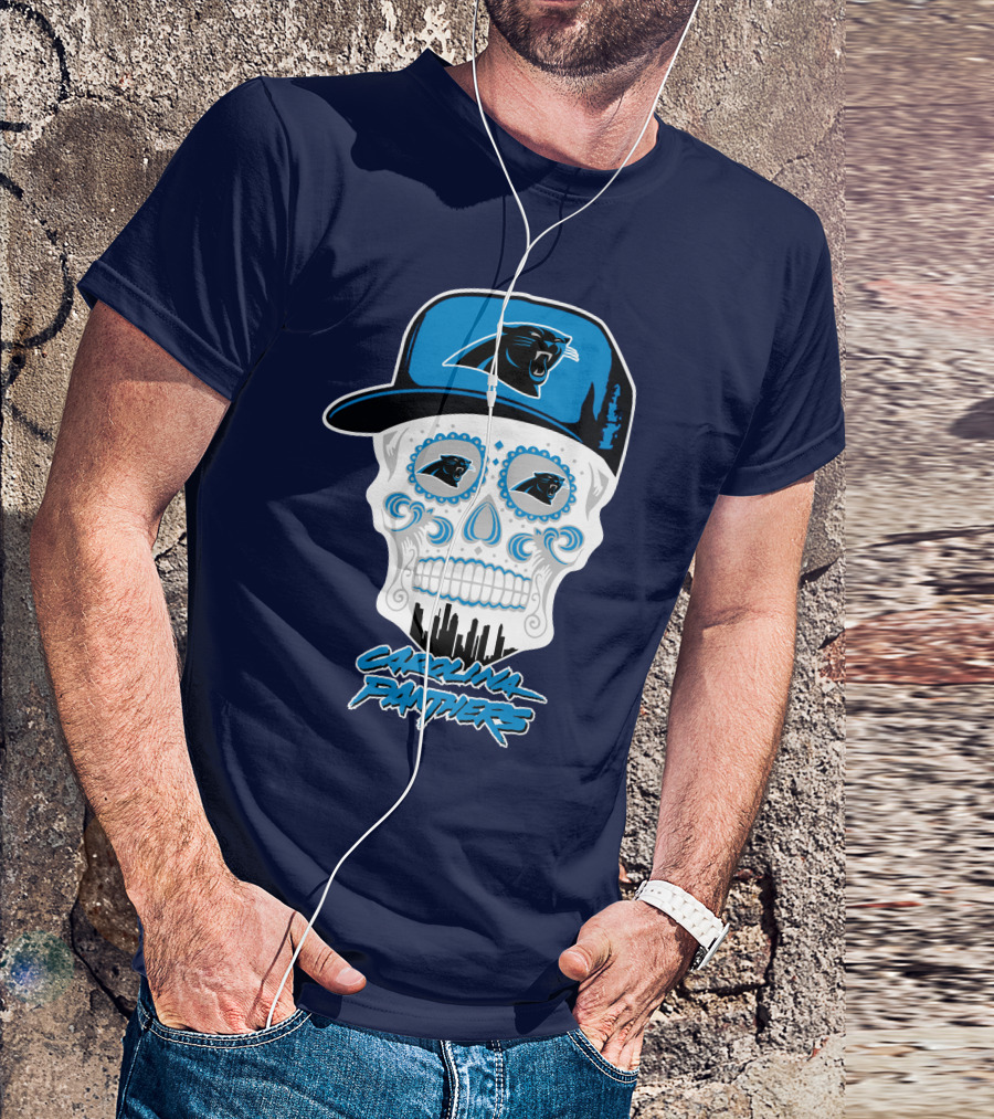 Carolina Panthers Skull Design With Panther Eyes And Cap T-Shirt