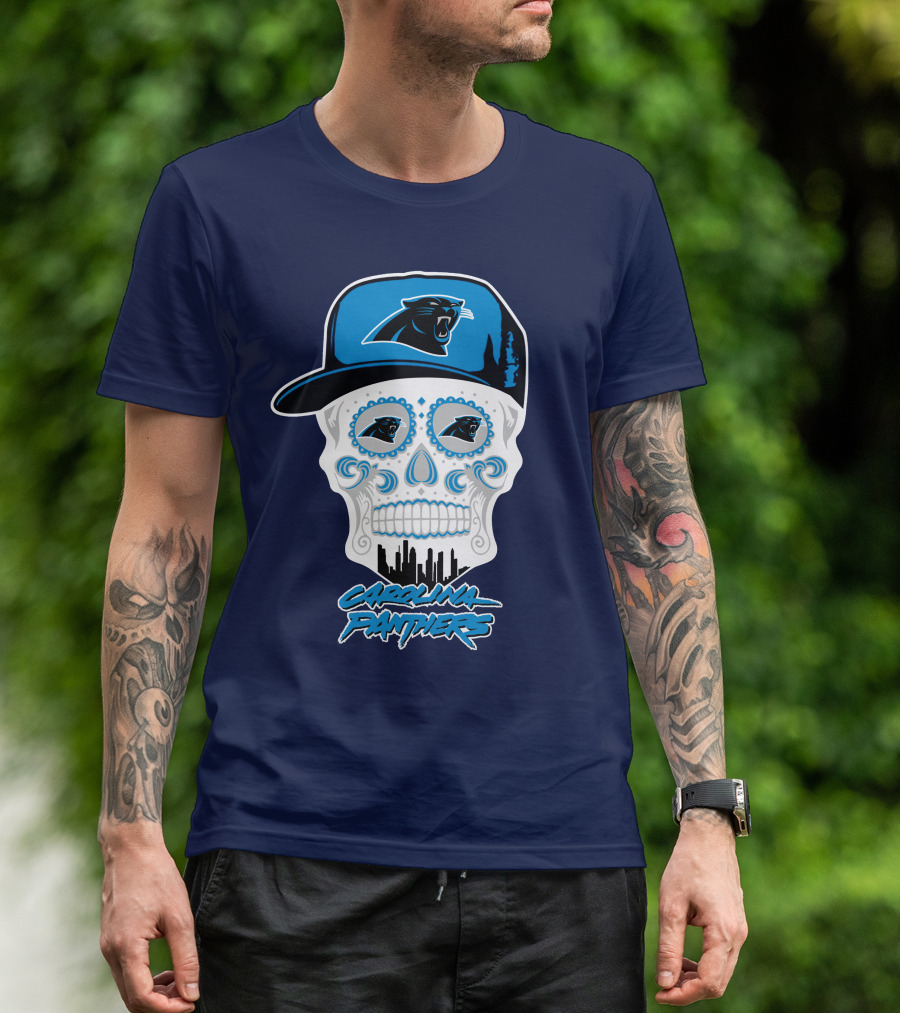 Carolina Panthers Skull Design With Panther Eyes And Cap T-Shirt