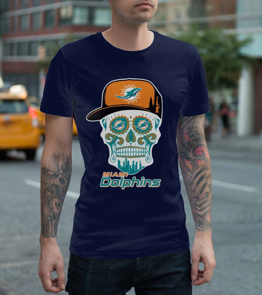 Miami Dolphins Sugar Skull Cap Art T-Shirt