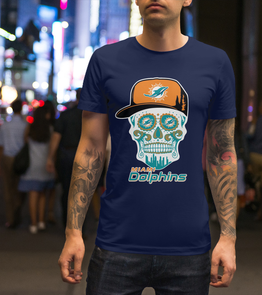Miami Dolphins Sugar Skull Cap Art T-Shirt