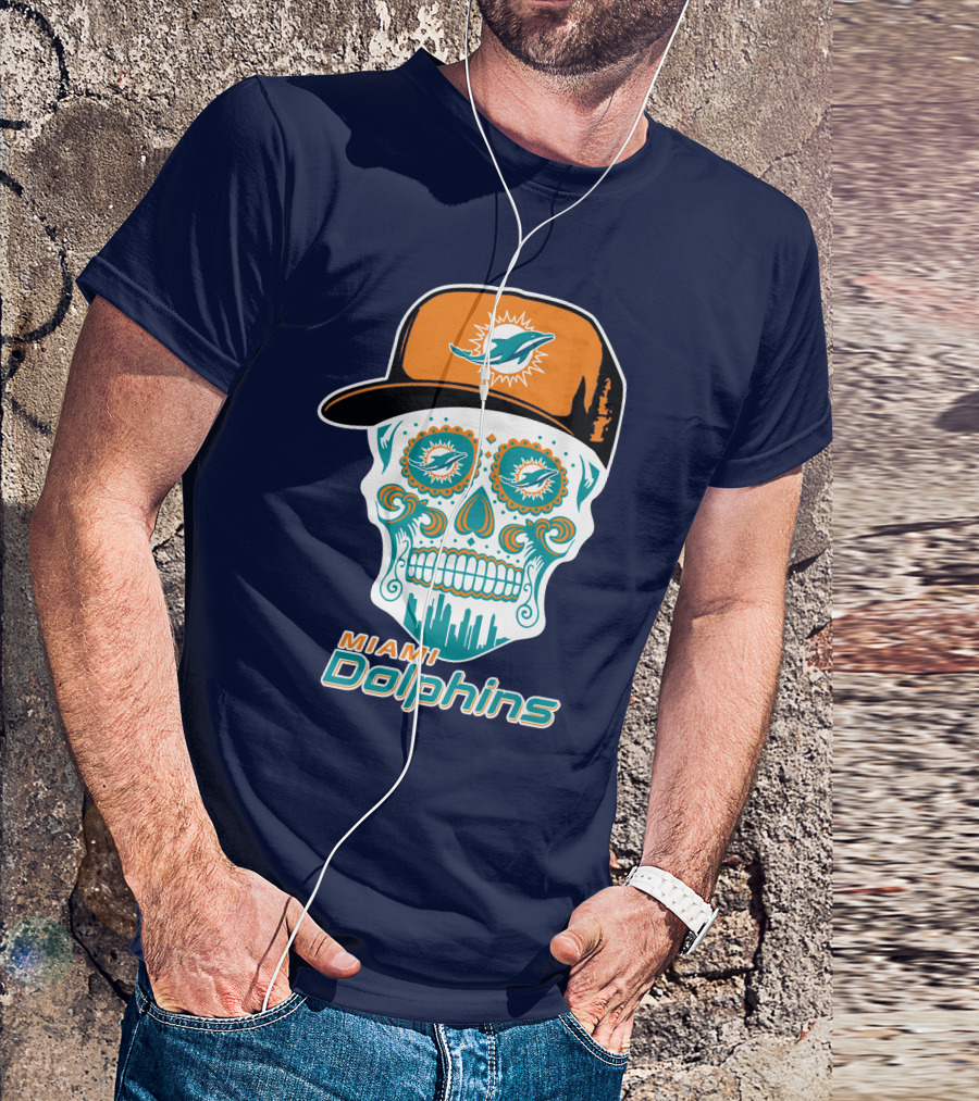 Miami Dolphins Sugar Skull Cap Art T-Shirt